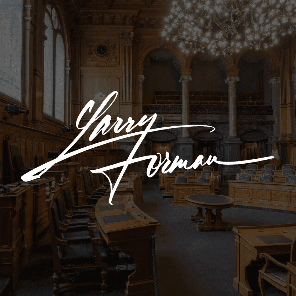 Larry Forman signature over a courtroom background
