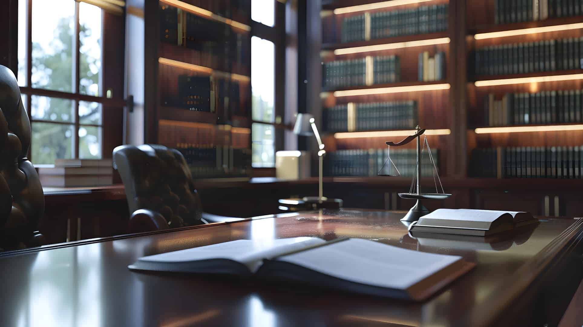 Law office desk with an open book in front of bookshelves