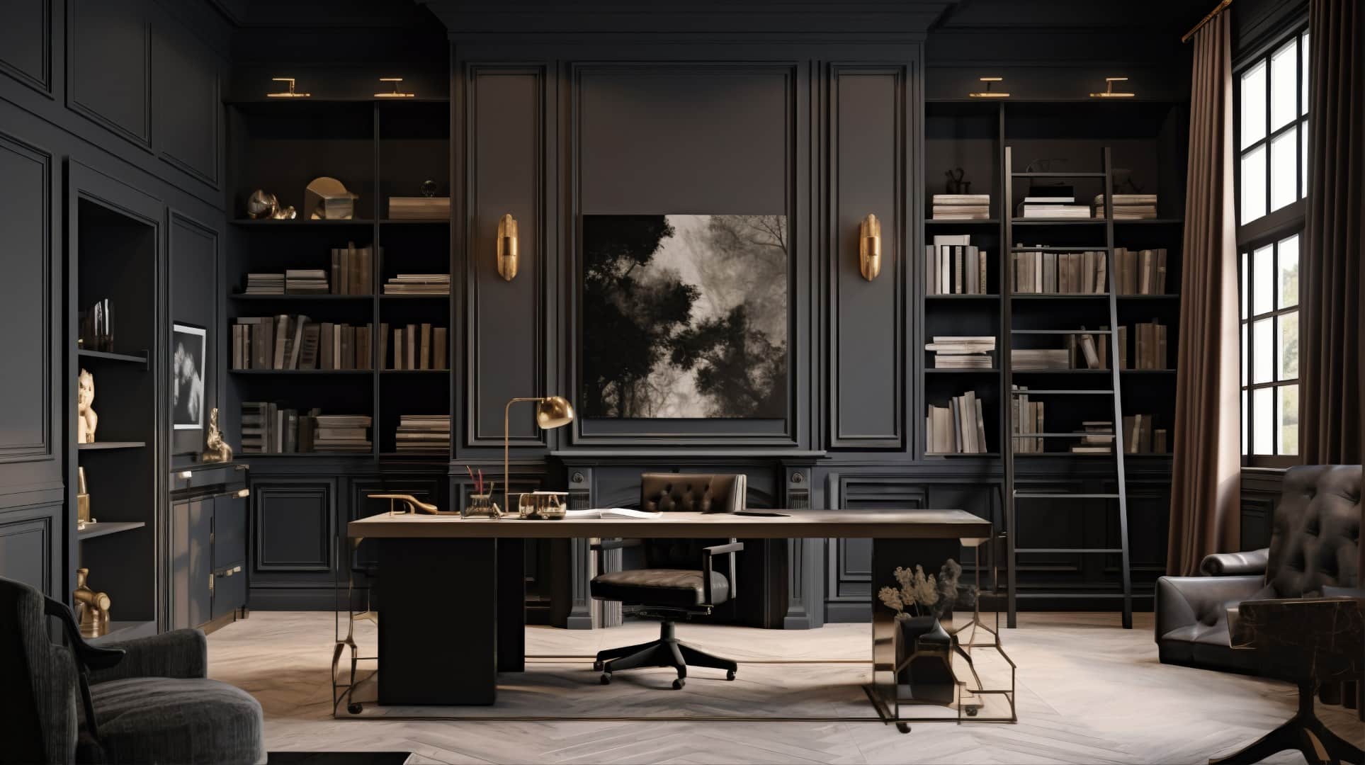 Dark-paneled law office with a desk and bookshelves