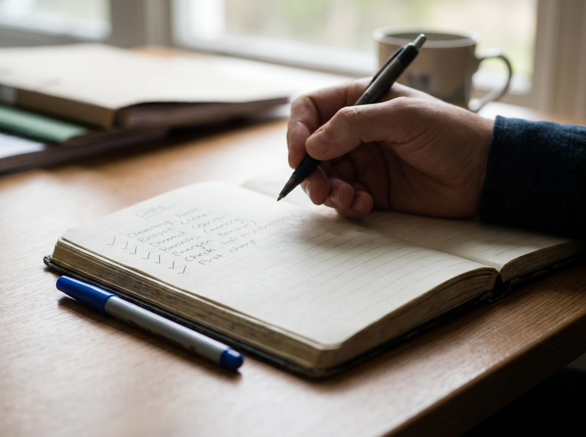 Person writing notes in a notebook at a desk