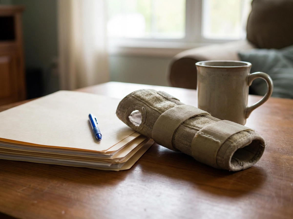 Wrist brace next to a stack of medical record folders and a pen on a table