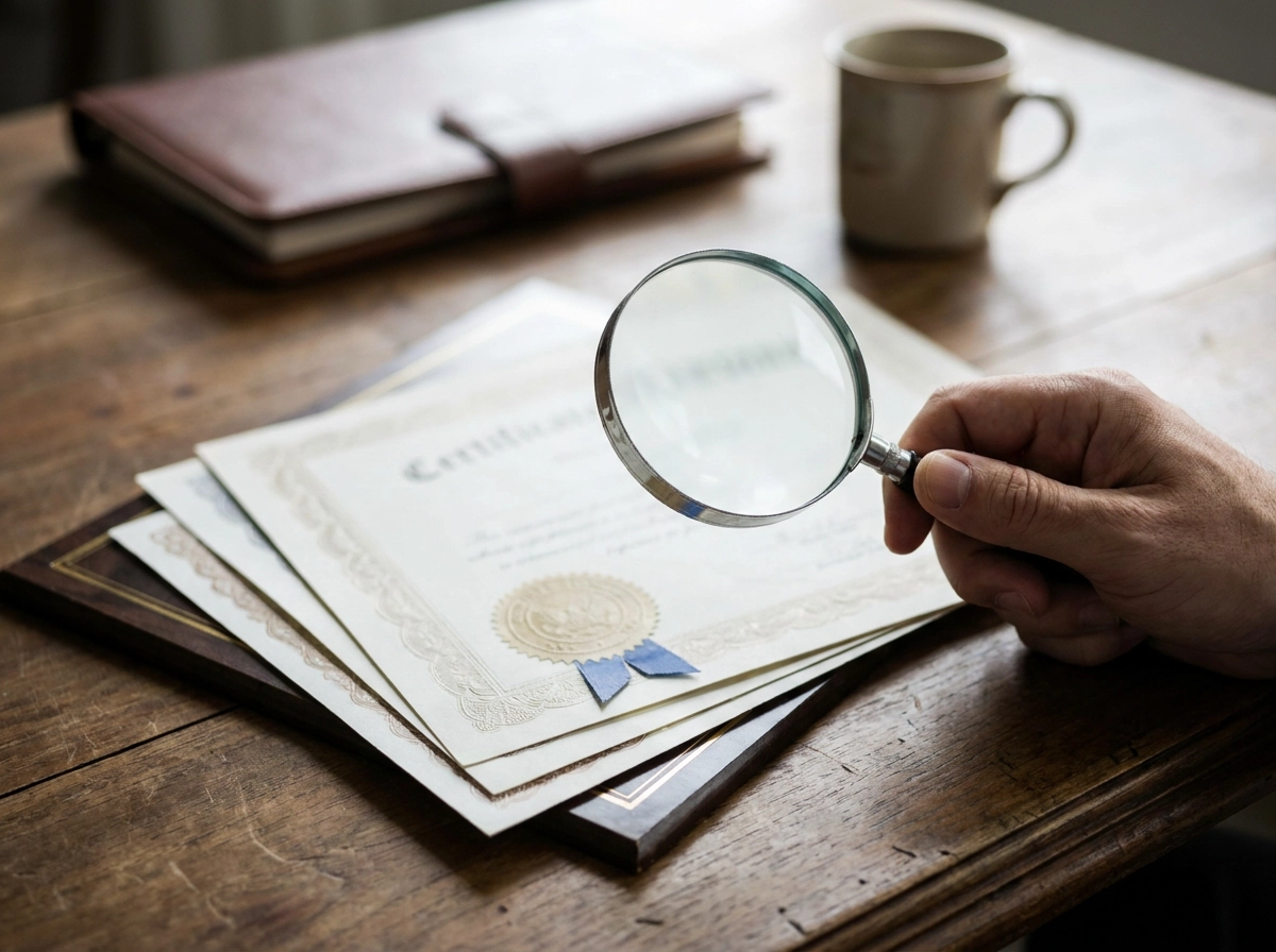 Magnifying glass held over award certificates