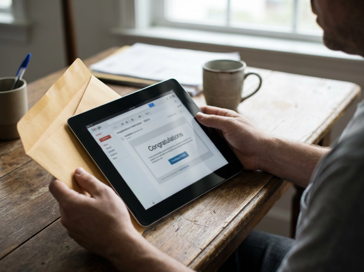 Person reading a congratulations email on a tablet