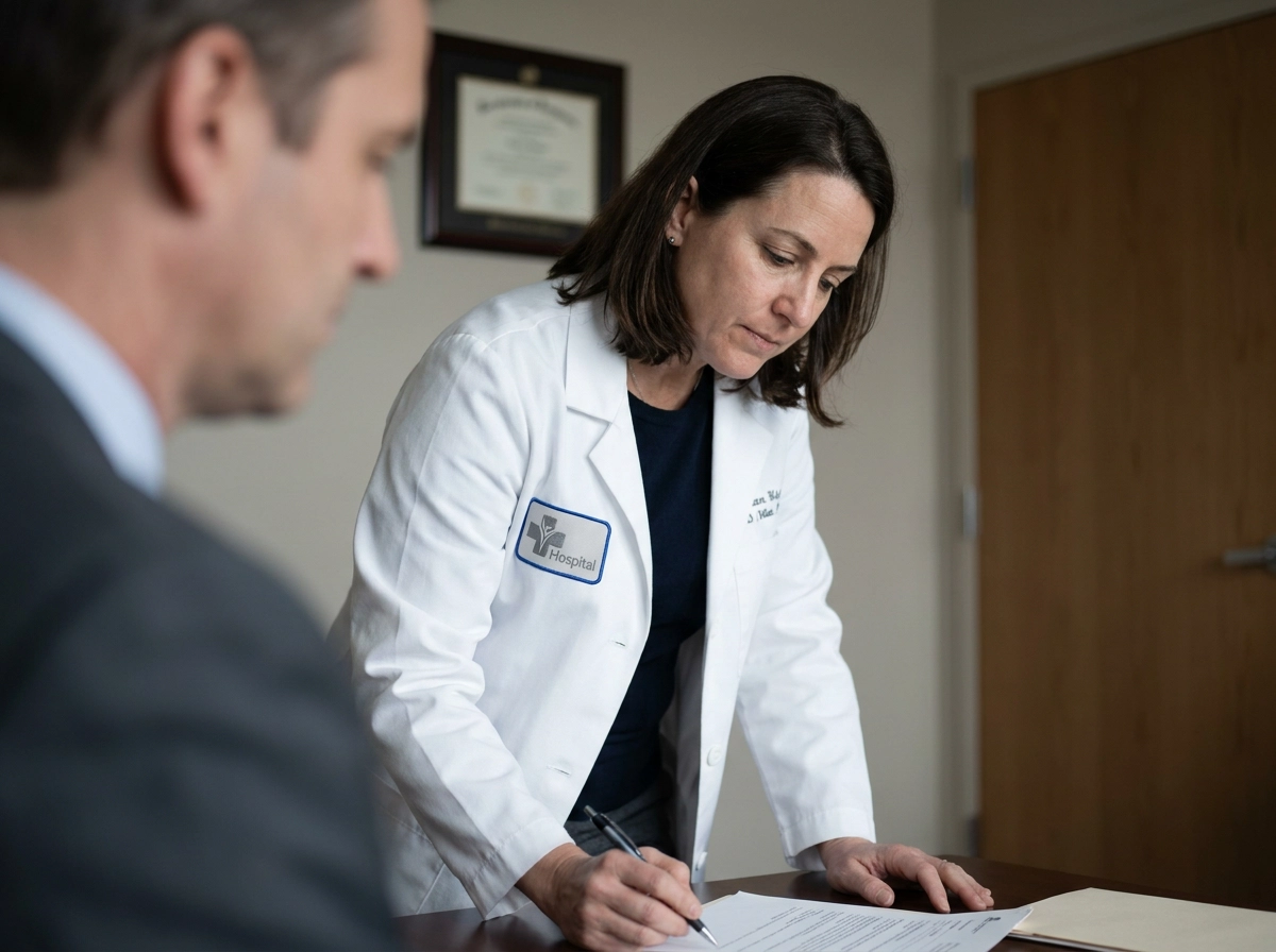 Doctor in a white coat and a man in a suit reviewing records