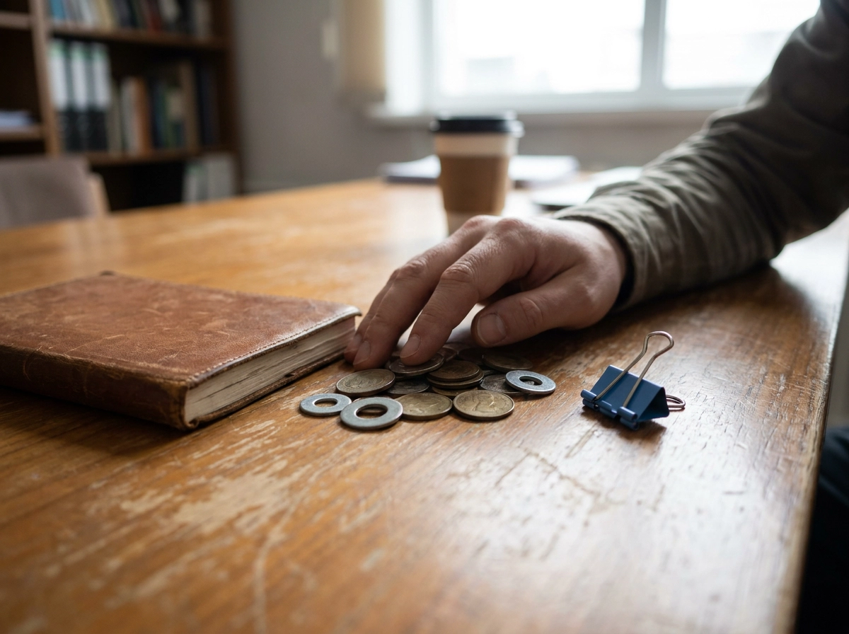 Hand beside a few coins, a binder clip and a worn book on a desk