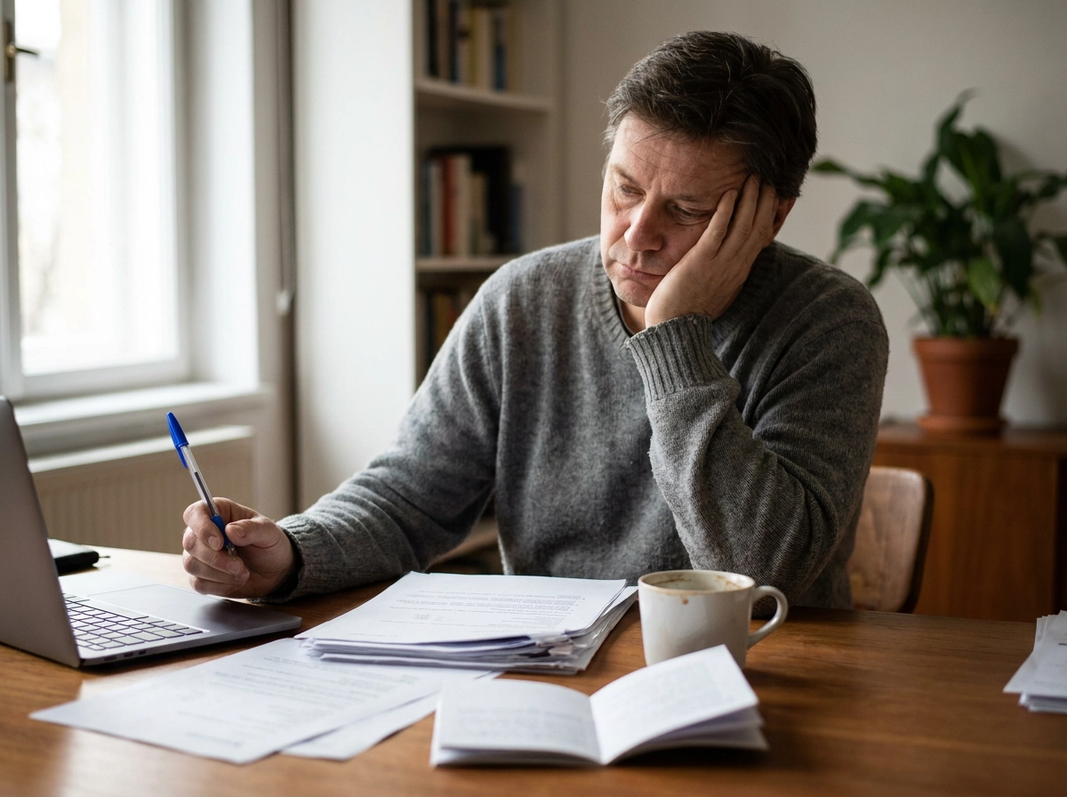 Worried man reviewing paperwork at a desk
