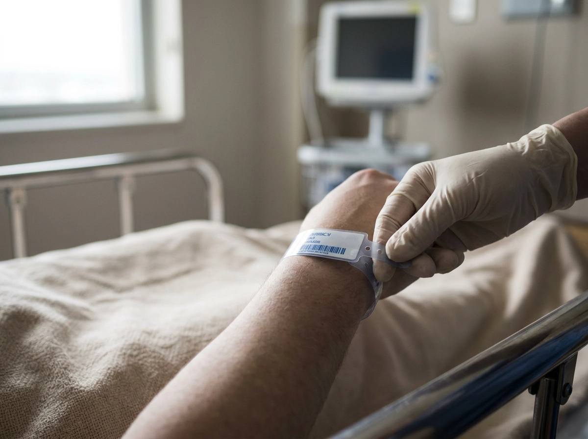 Gloved hand checking a hospital patient's ID wristband