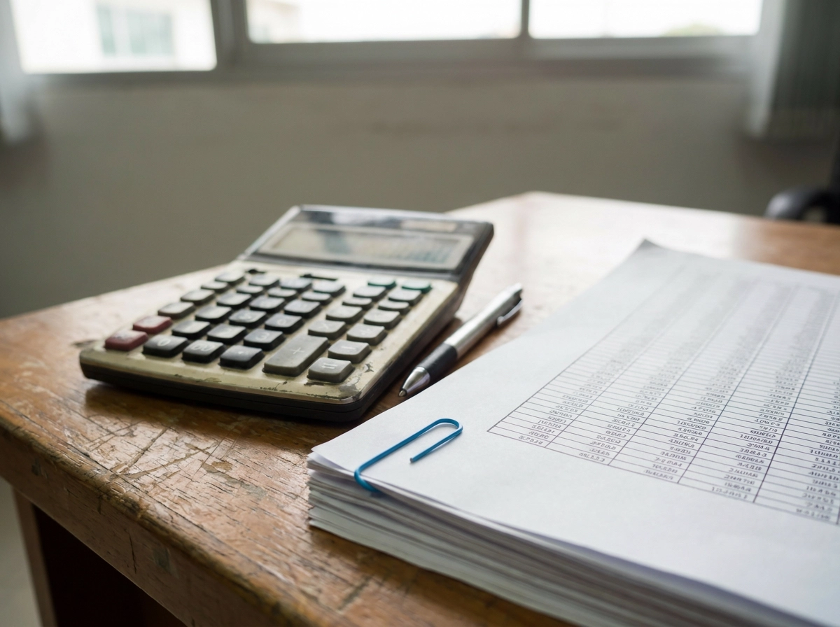 Calculator and a printed spreadsheet on a desk