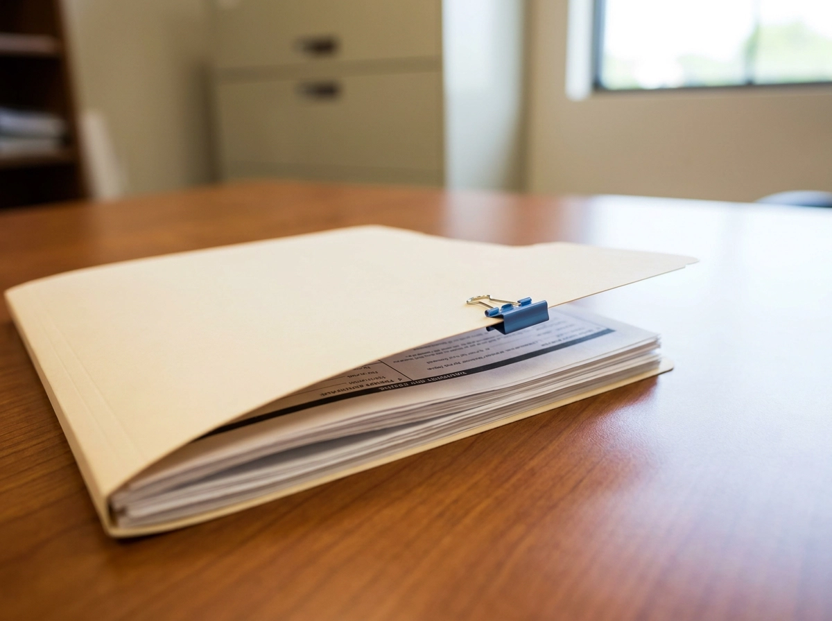 Closed file folder with a binder clip on a desk