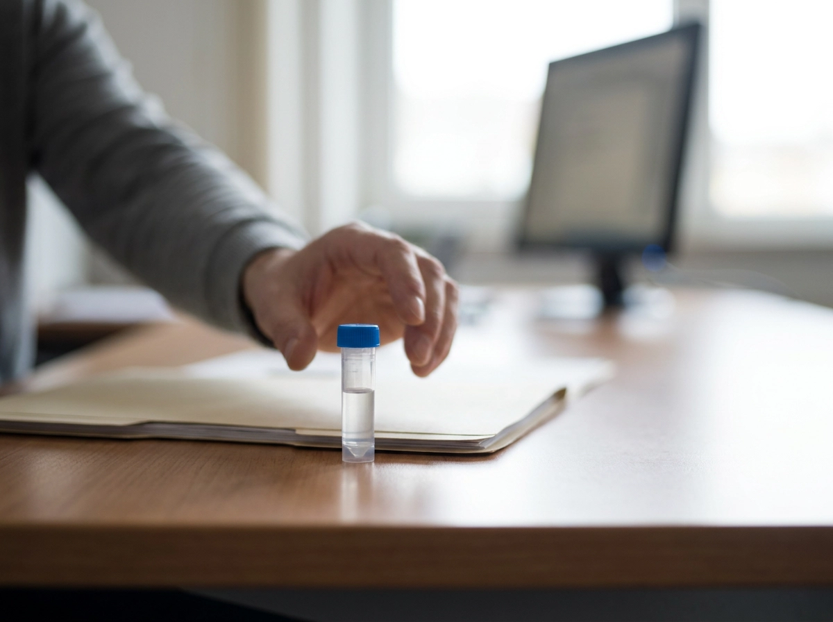 Hand setting a sample vial on a desk