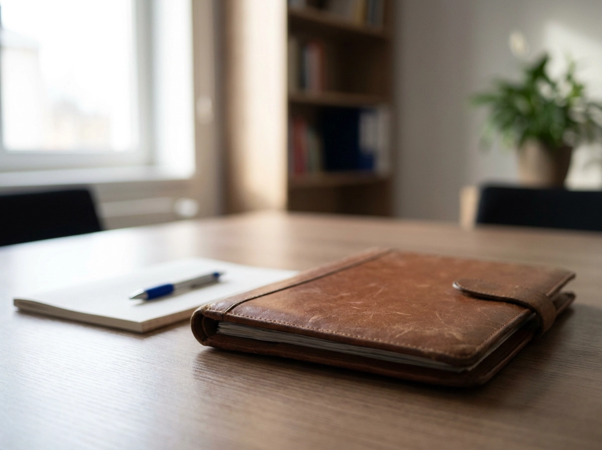 Leather portfolio, notepad and pen on a desk