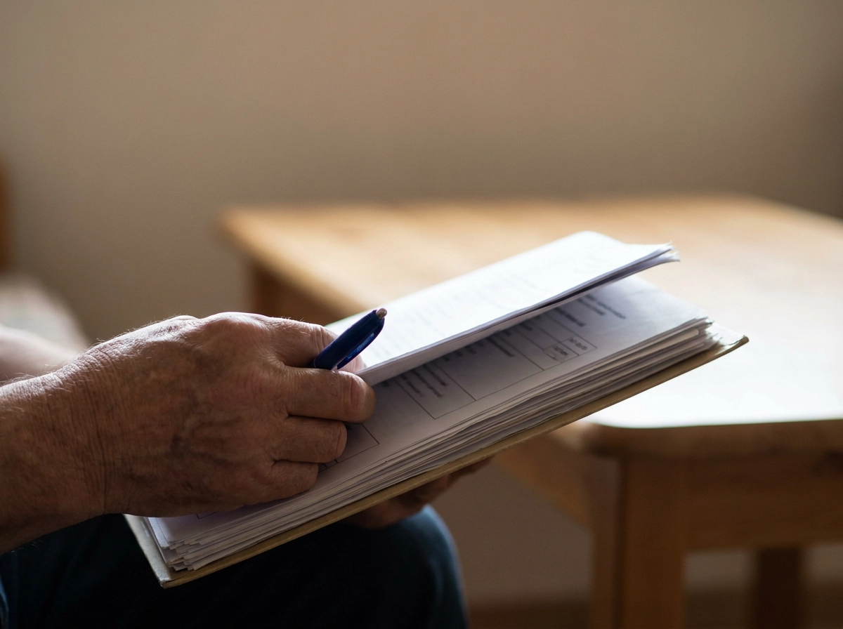 Person reviewing documents with a pen