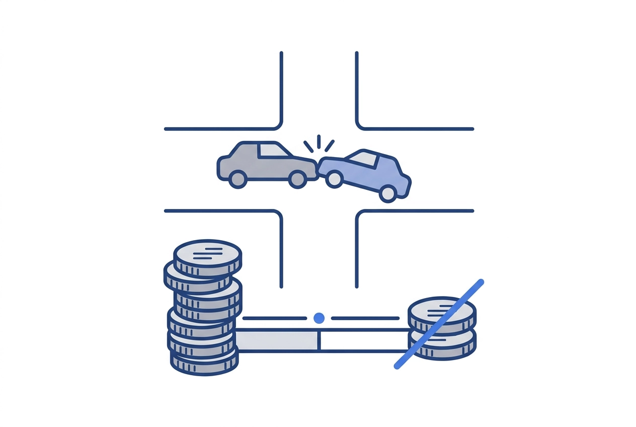 Illustration of two cars colliding at an intersection above two stacks of coins
