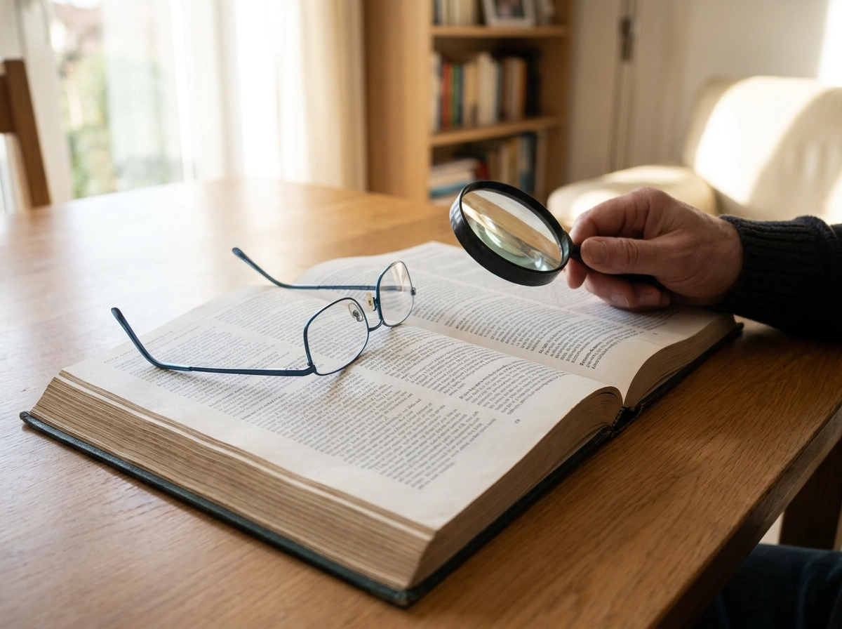 Hand holding a magnifying glass over an open book of fine print, like reviewing an insurance policy