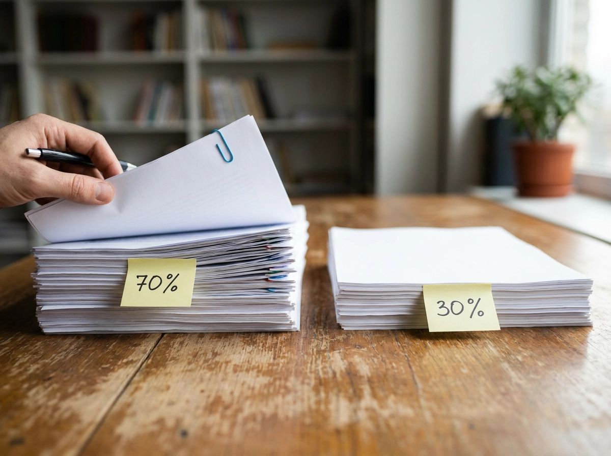 Two stacks of paper labeled 70% and 30%