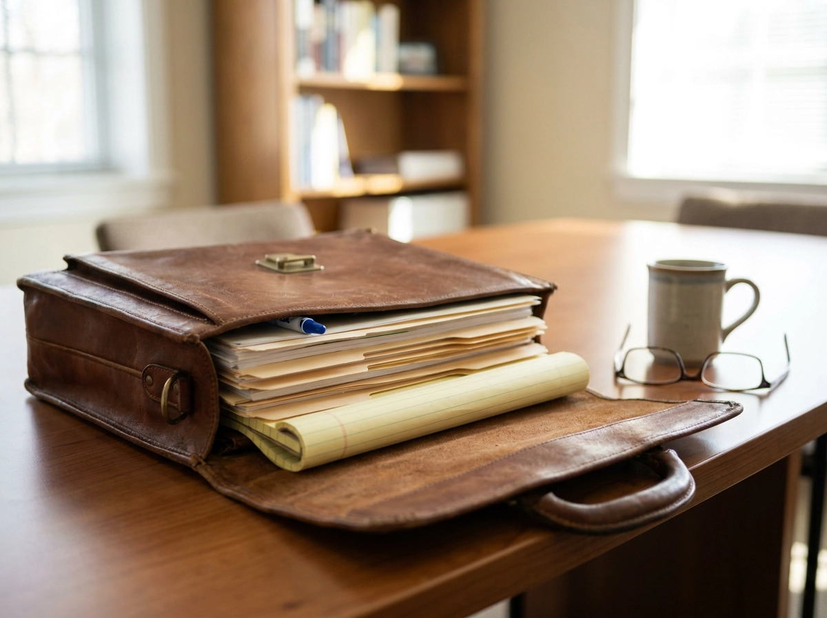 Leather briefcase holding case files on a desk