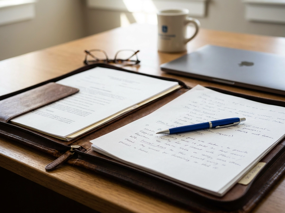 Notepad with handwritten figures, a leather portfolio and a laptop on a desk