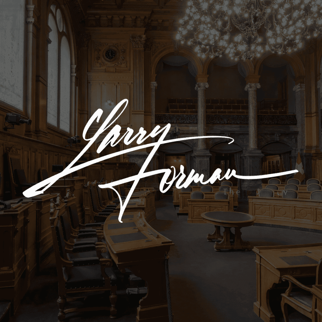 Larry Forman signature over a courtroom background