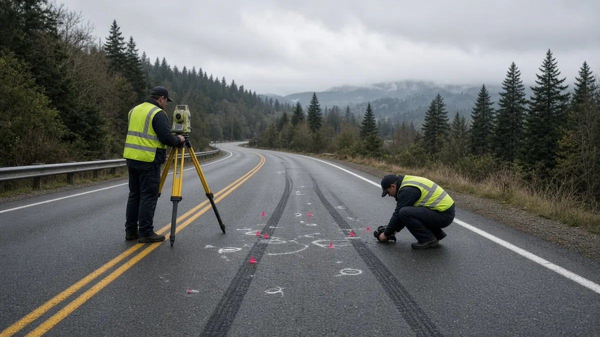 Accident reconstruction at a Kentucky crash scene: a reconstructionist surveys tire marks with a tripod-mounted instrument.