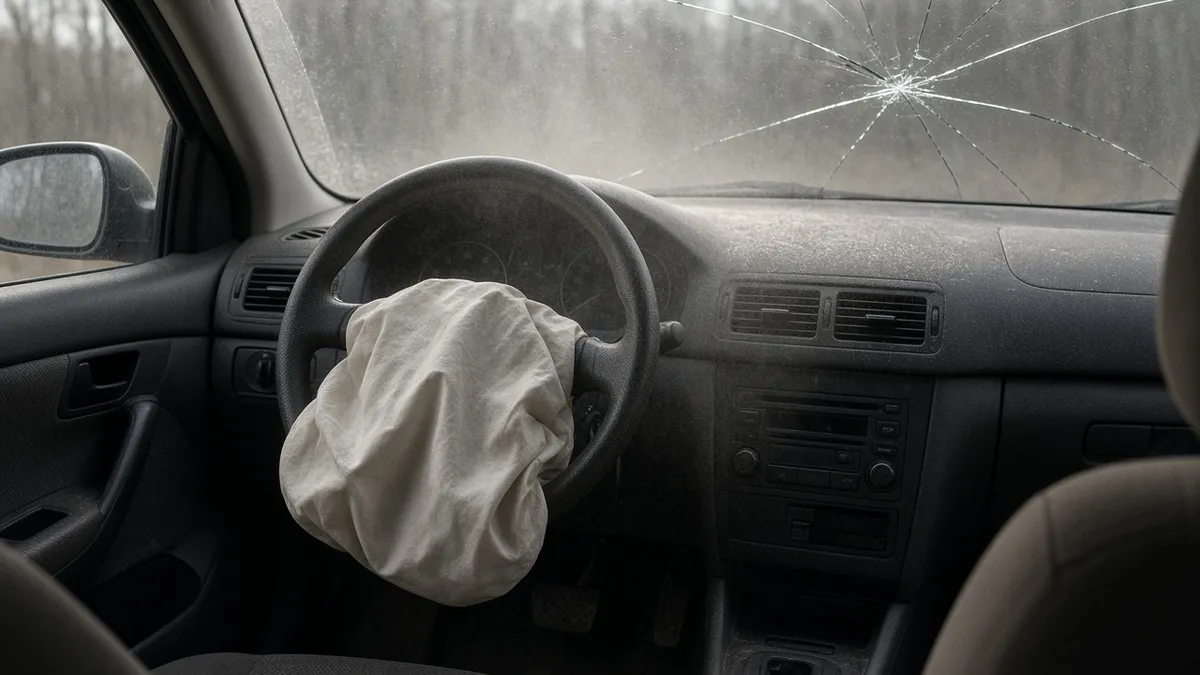 A deployed airbag hanging from the steering wheel of a crashed car, the source of many airbag injury claims.