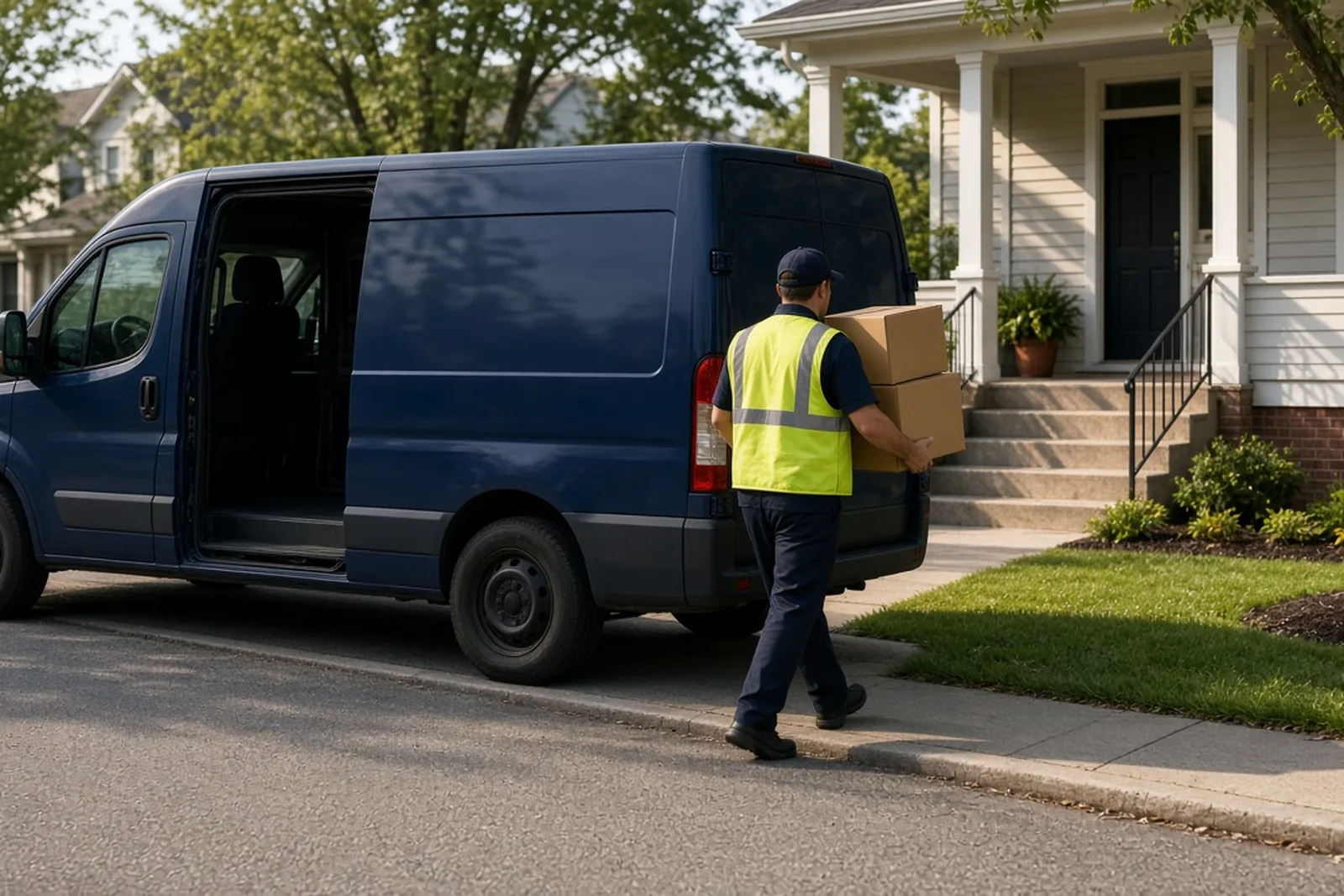 A blue Amazon delivery van is parked at the curb in a Louisville neighborhood while the driver carries packages, a common accident setting.