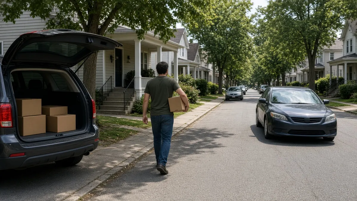 Amazon Flex accident risk: a delivery driver's personal SUV double-parked on a Louisville street as a car passes.