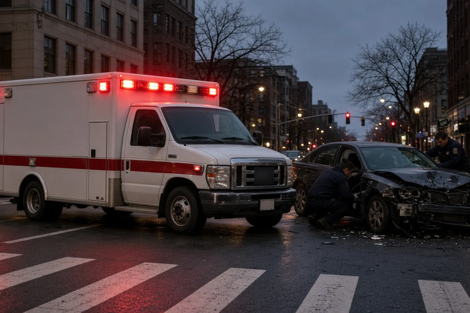 Emergency vehicle accident scene: an ambulance with its lights on at a city intersection at dusk beside a damaged sedan