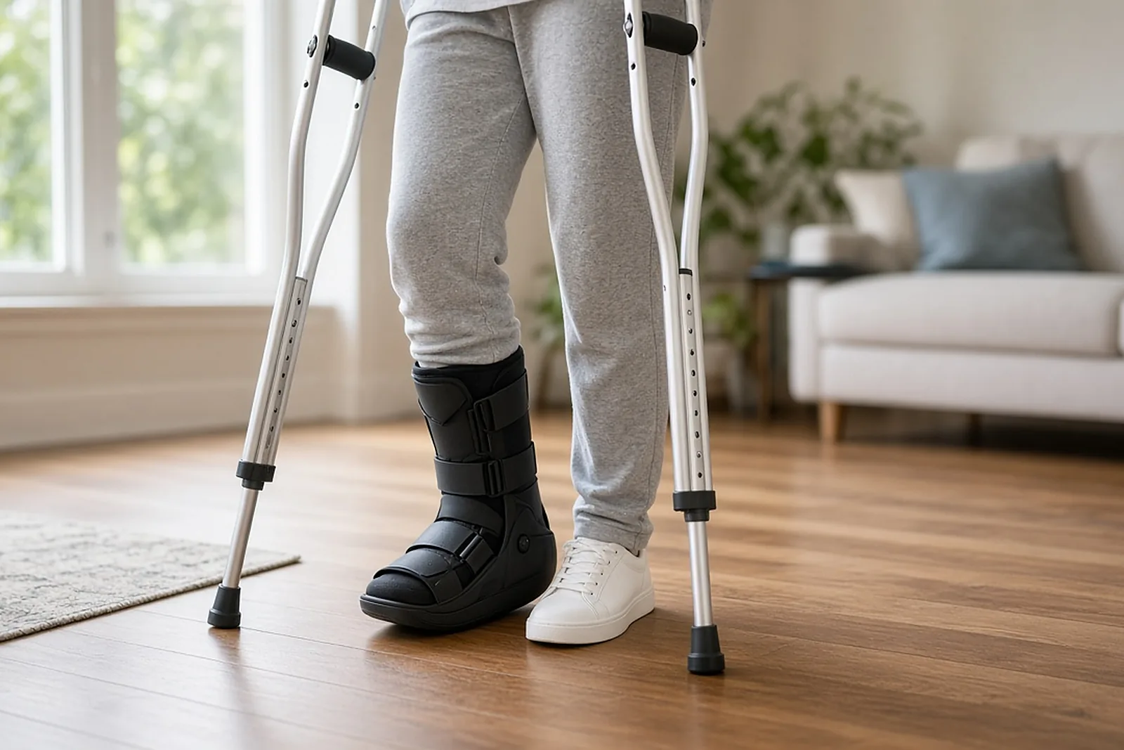 Ankle and foot injury lawyer client: person on crutches wearing an orthopedic walking boot at home