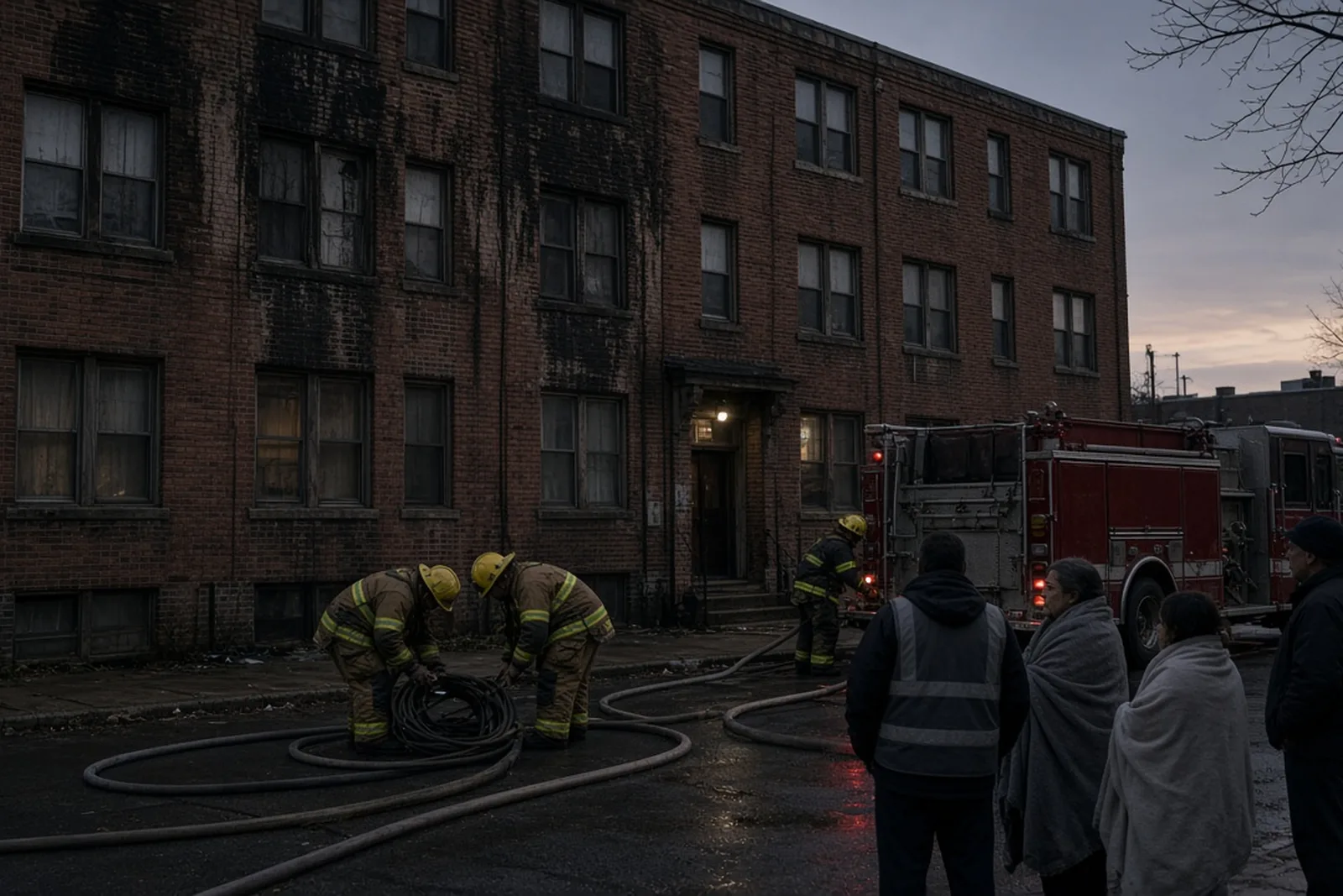 After an apartment fire injury, firefighters work outside a smoke-stained brick apartment building at dusk while residents wait wrapped in blankets.