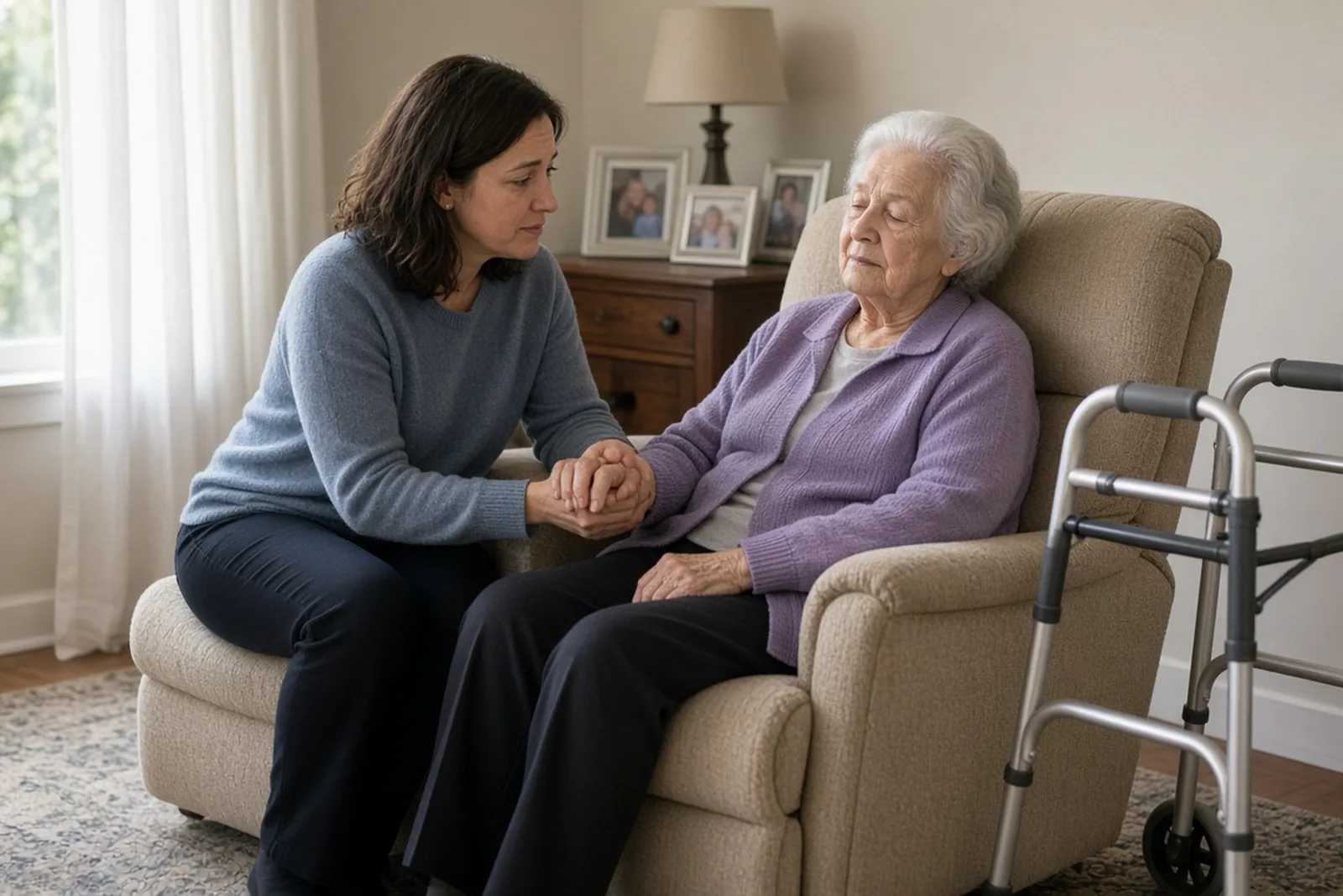 Worried about assisted living neglect, an adult daughter holds her elderly mother’s hand in a bright assisted living apartment.