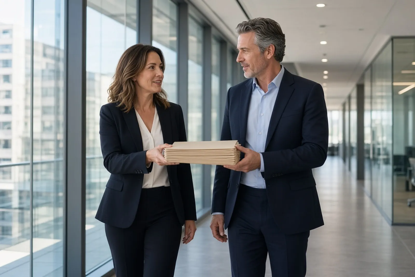 Attorney referrals: two lawyers walk down an office hallway as one hands the other a case file.