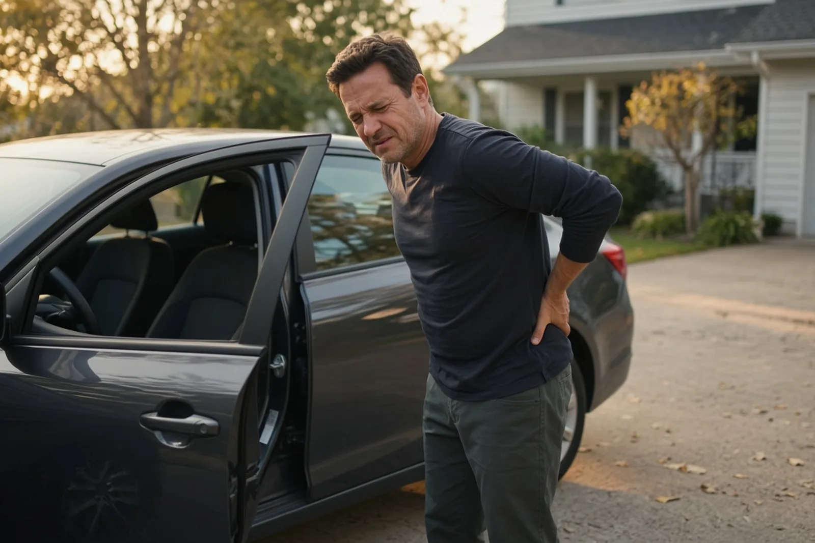 Man standing beside his car in a driveway holding his lower back in pain from a back injury after a car accident