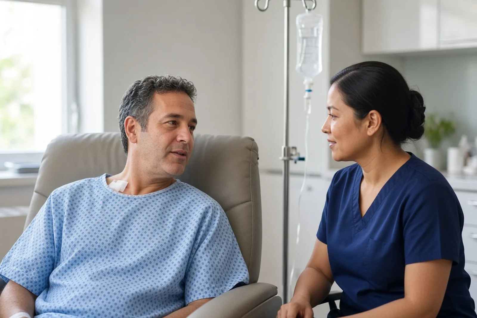 Patient with a chest port bandage talking with a nurse about a Bard PowerPort lawsuit