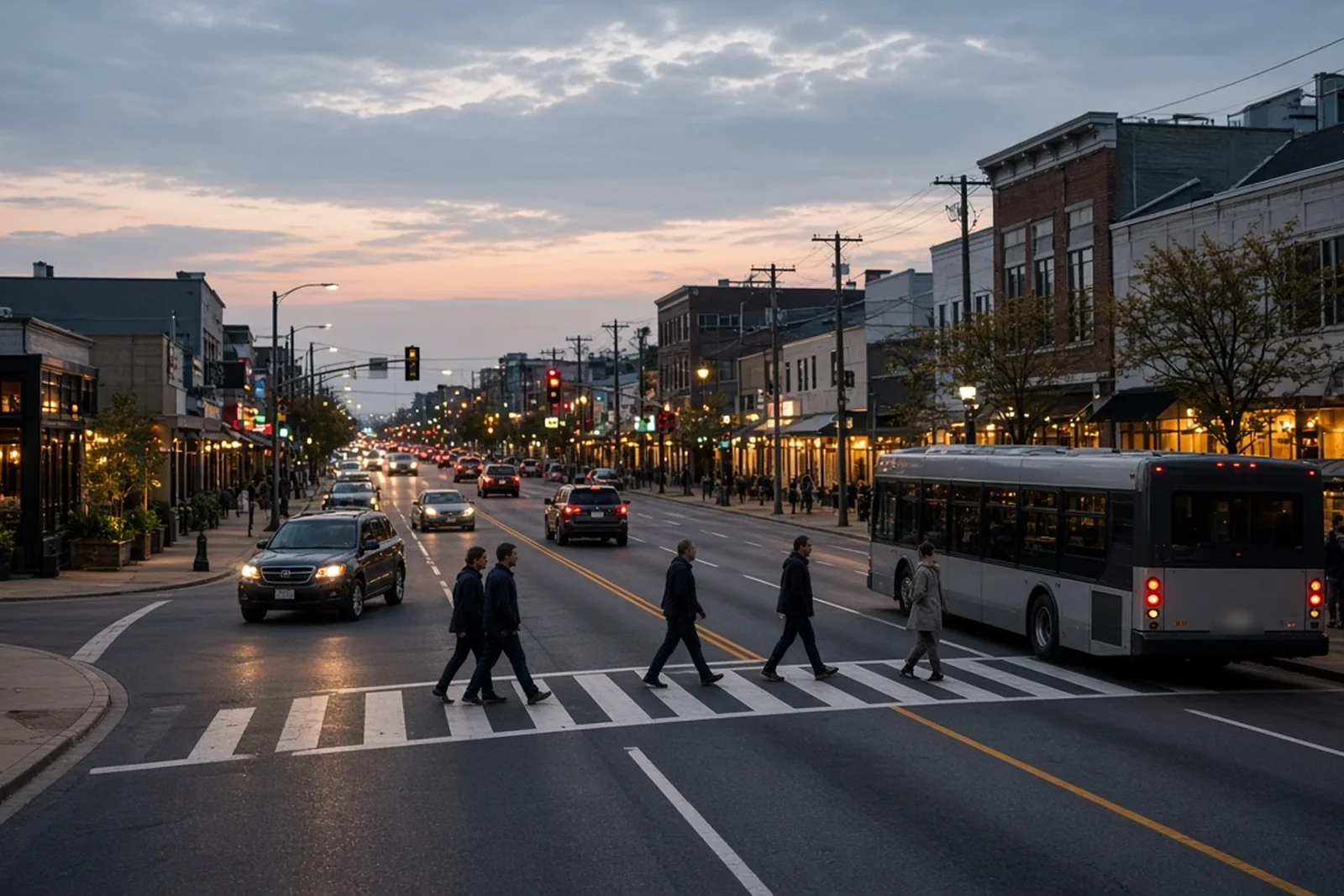 Bardstown Road accident risks: busy four-lane commercial street in Louisville with turning cars, a TARC-style city bus and pedestrians at a crosswalk.