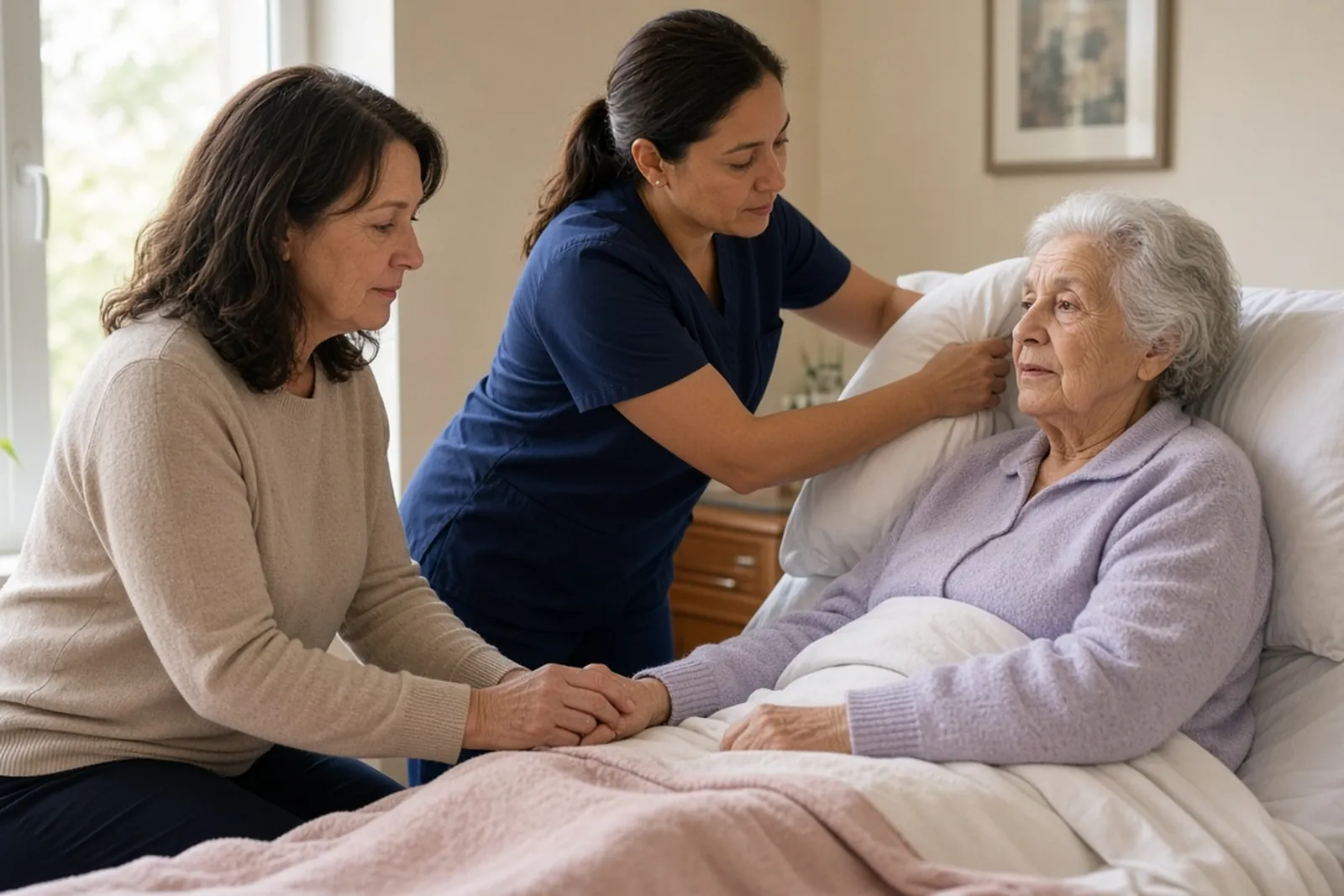 Preventing bed sores in a nursing home: a nurse repositions an elderly resident as her daughter holds her hand.