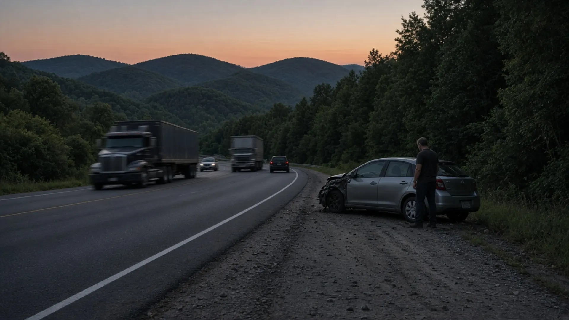 Berea, KY personal injury lawyer — Semi trucks and cars on an interstate exit ramp with forested knobs behind as a driver waits beside a damaged car near Berea