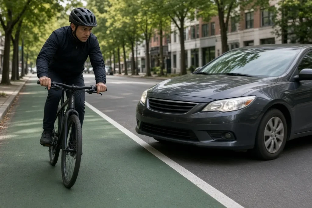 Bicycle accident lawyer case scene: a helmeted cyclist rides in a green Louisville bike lane beside a car that is drifting into it.