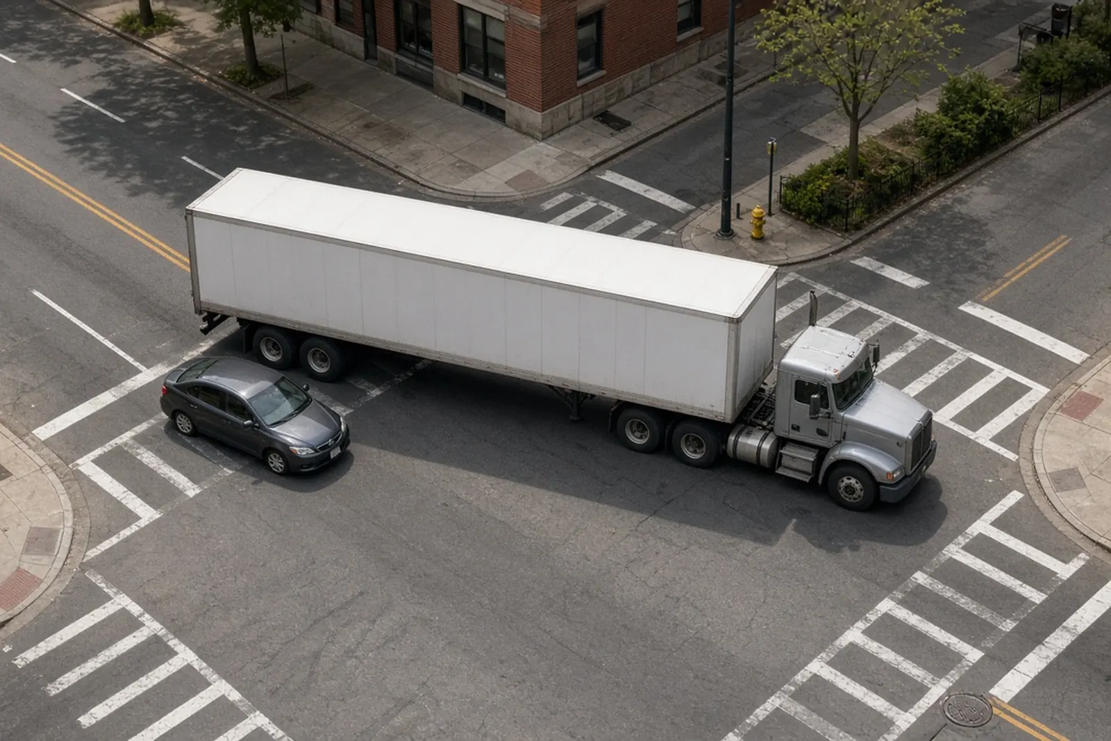 Truck blind spot: tractor-trailer making a wide right turn at a city intersection with a small car stopped close beside the trailer