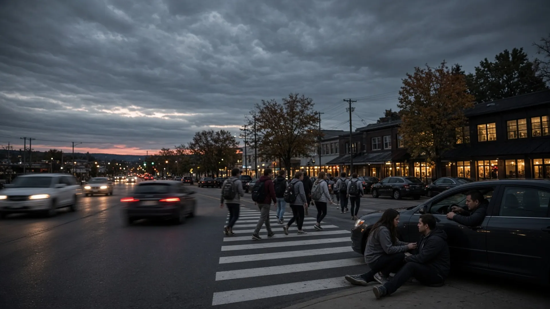 Bowling Green, KY personal injury lawyer — Students crossing a busy commercial road as a driver checks on an injured pedestrian in Bowling Green