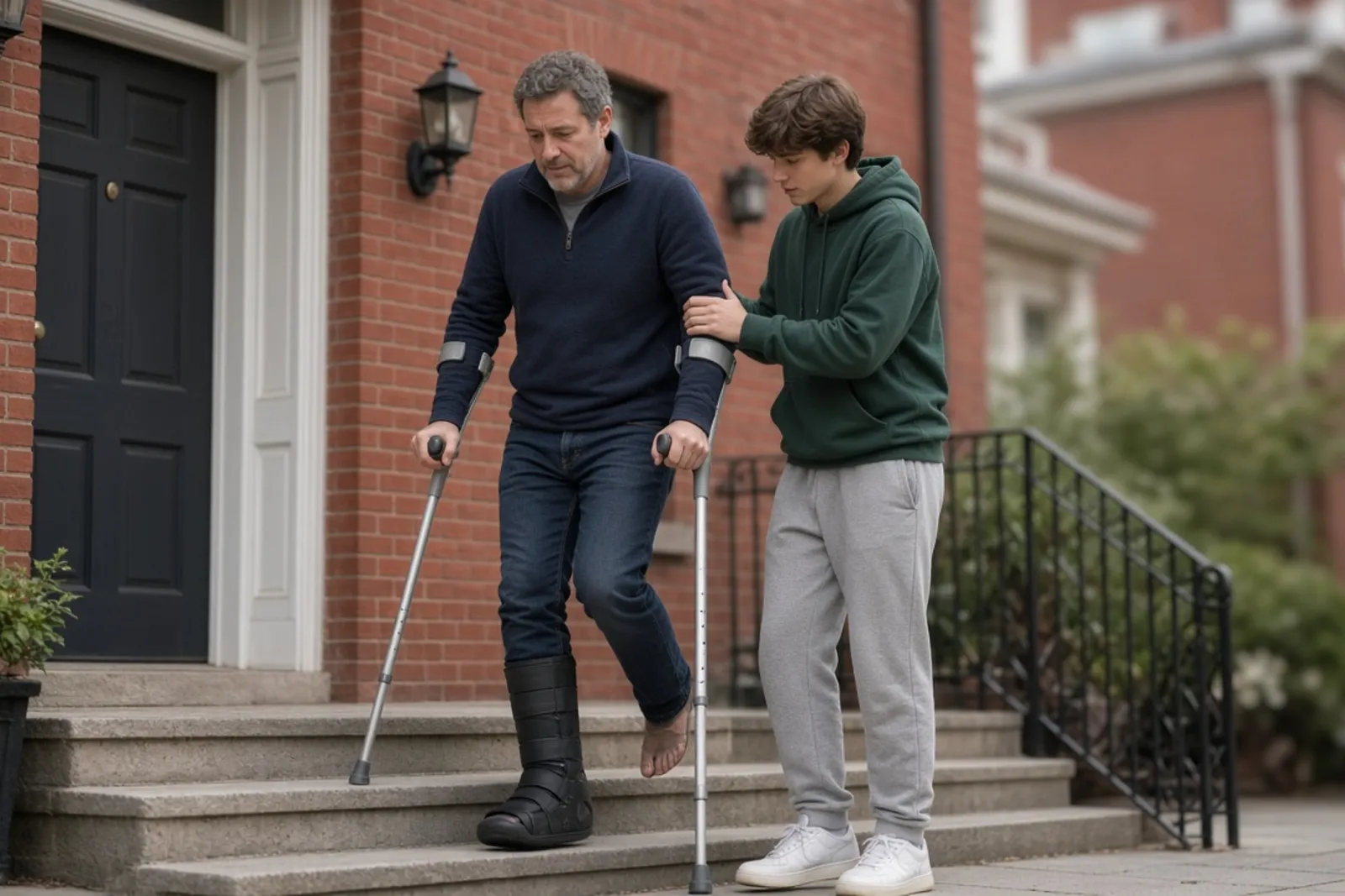 Man on crutches with a leg cast after a broken bone from a car crash