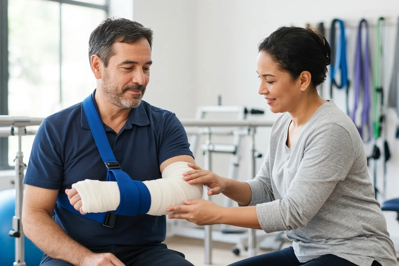Man with an arm cast and sling working with a physical therapist in a rehab clinic, early in his broken bone recovery timeline