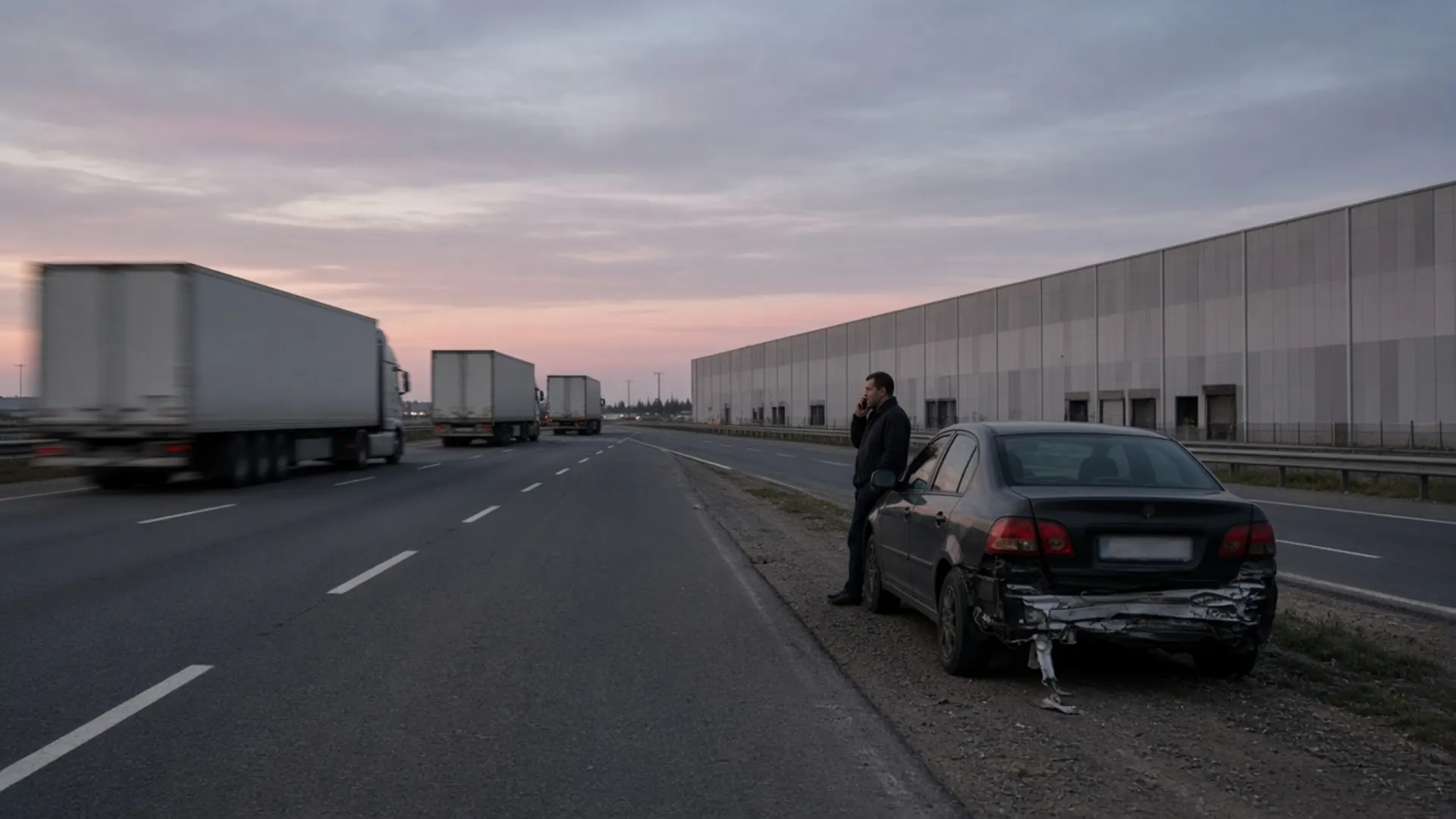 Bullitt County, KY personal injury lawyer — Tractor-trailers and cars merging near a large warehouse along an interstate as a driver checks a damaged bumper at dusk