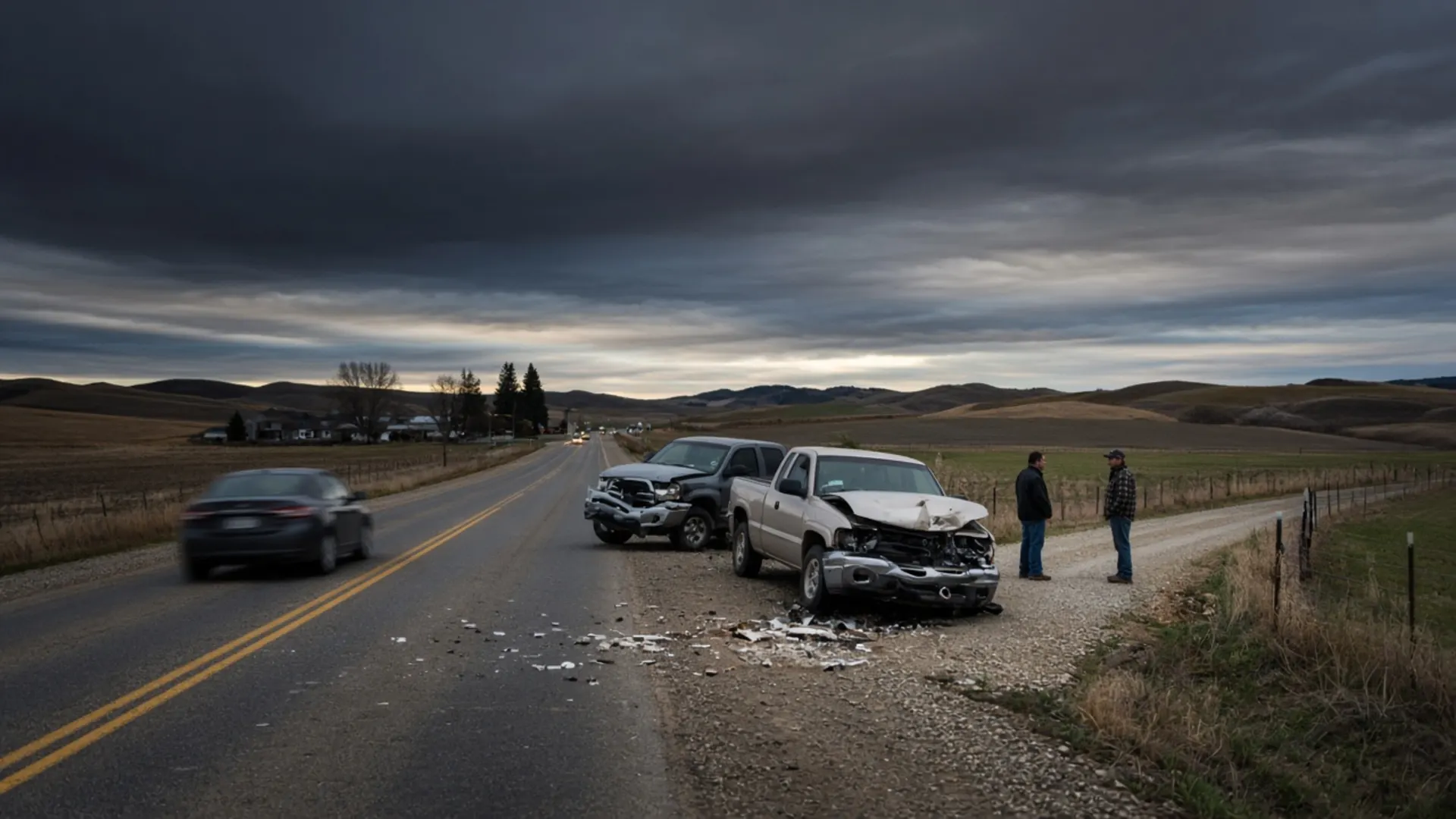Campbellsville, KY personal injury lawyer — Pickup trucks after a farm-driveway collision on a rural two-lane highway near Campbellsville