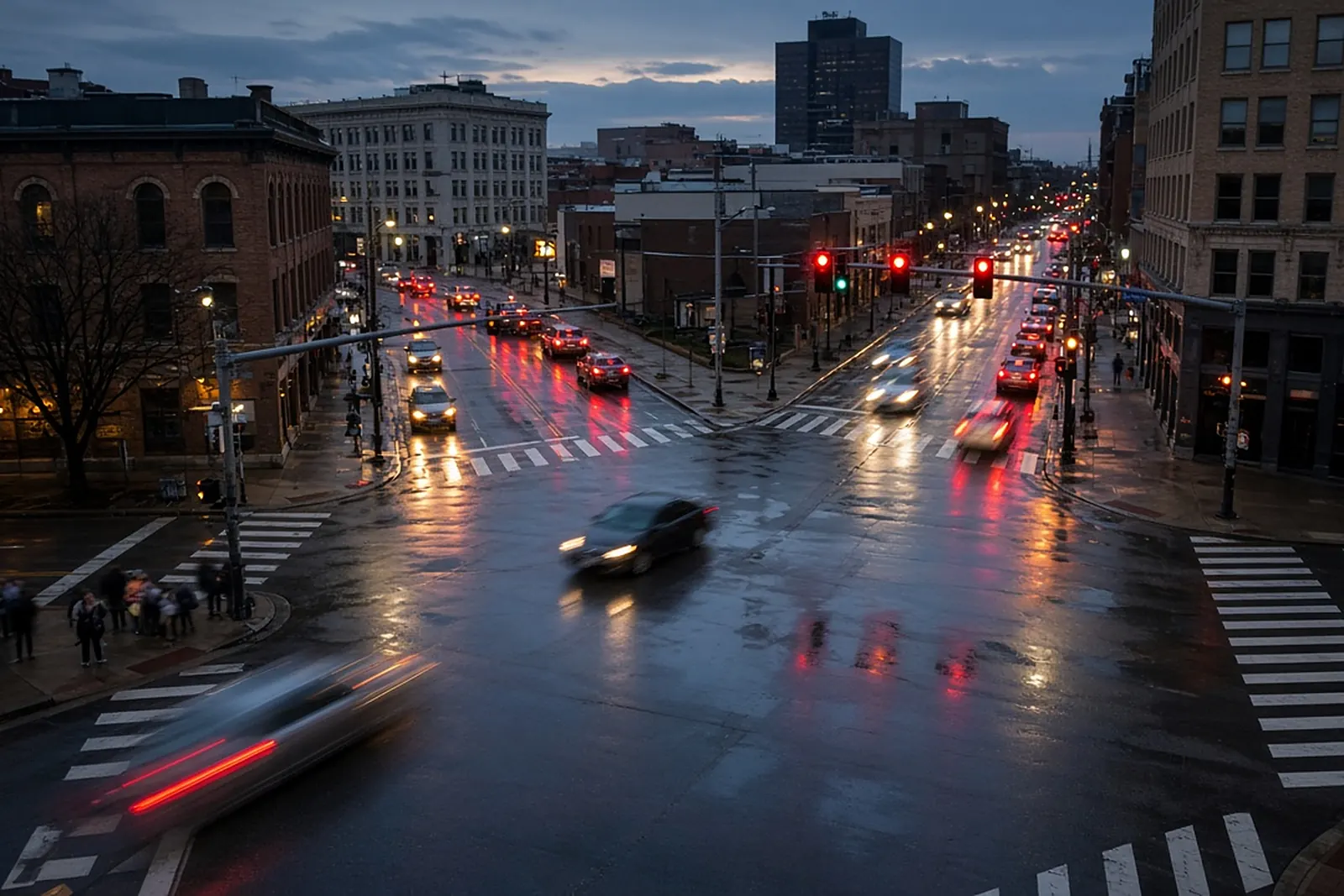 Causes of car accidents in Kentucky: traffic, a left-turning car and pedestrians at a busy Louisville intersection at dusk