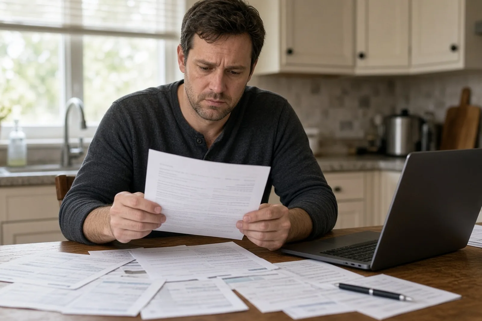 Car accident claim denied: man at a kitchen table reading an insurance claim denial letter beside car repair estimates