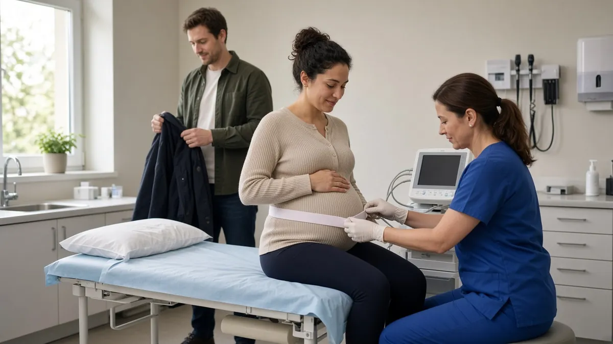 Pregnant woman being monitored by a nurse after a car accident while pregnant.