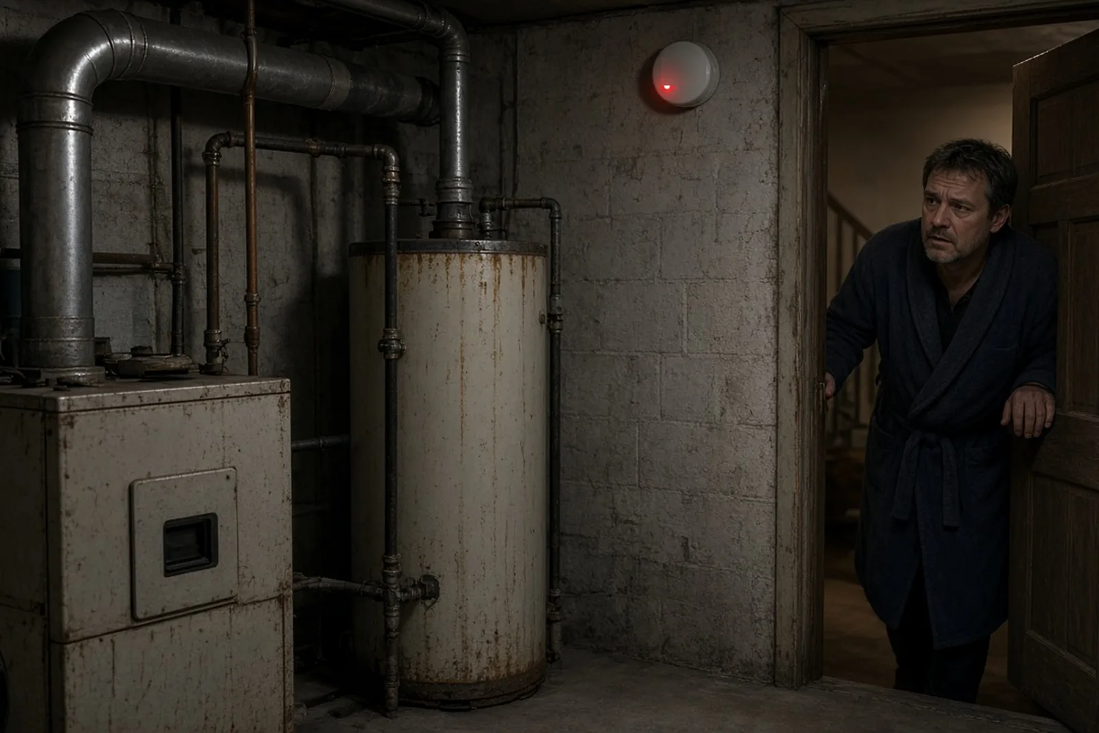 Man checking a dim basement utility room with a gas water heater and furnace, a source a carbon monoxide poisoning lawyer investigates