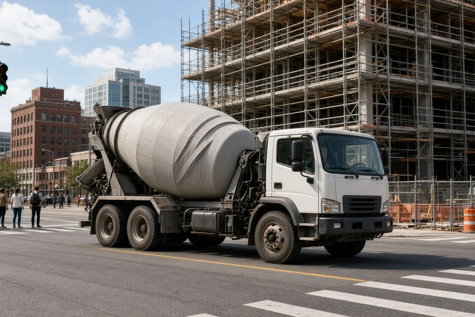 A ready-mix concrete truck with a rotating drum drives through a Louisville intersection near a construction project, a frequent cement truck accident setting.