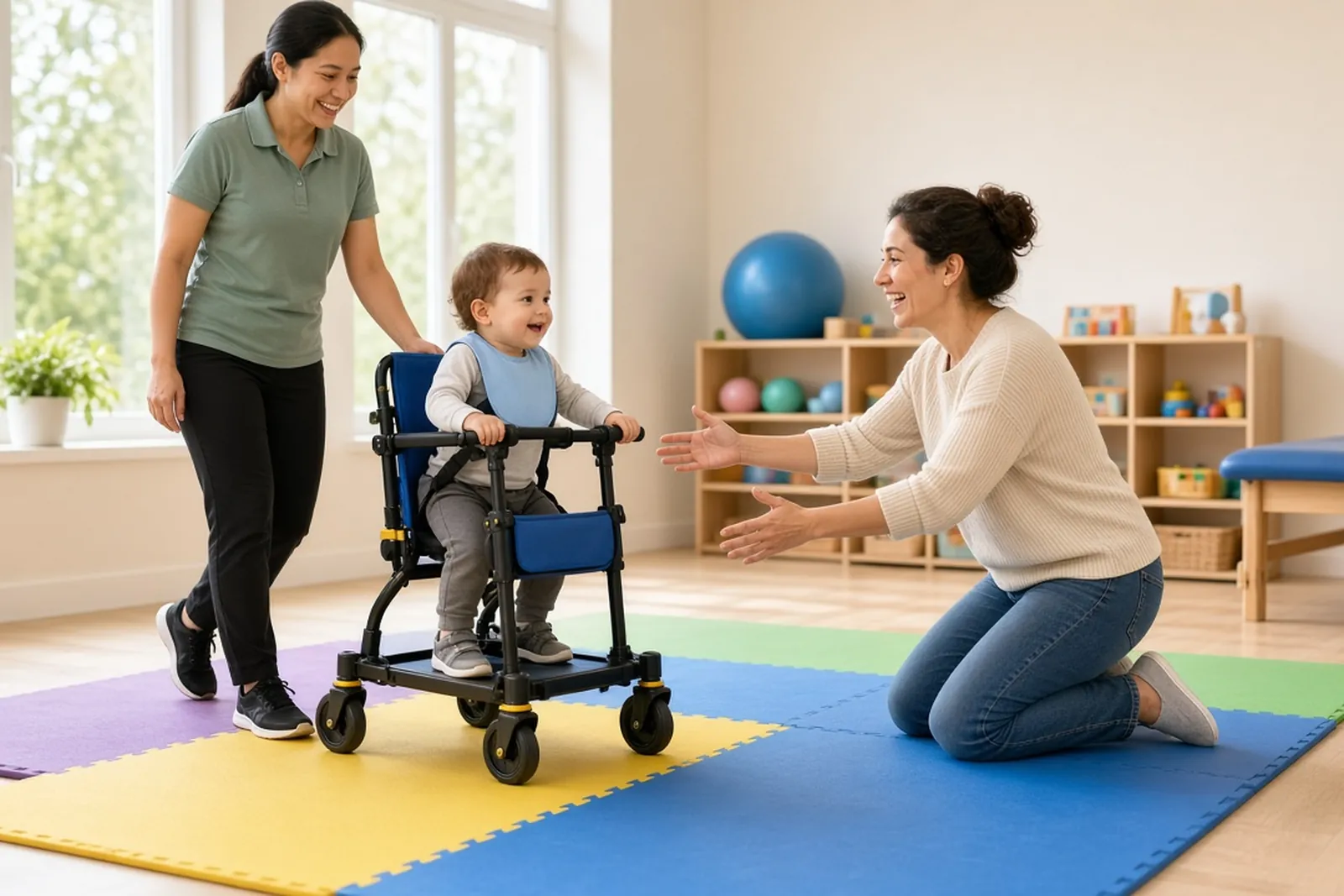 Cerebral palsy therapy: a toddler in a gait trainer walks toward a parent as a therapist helps.