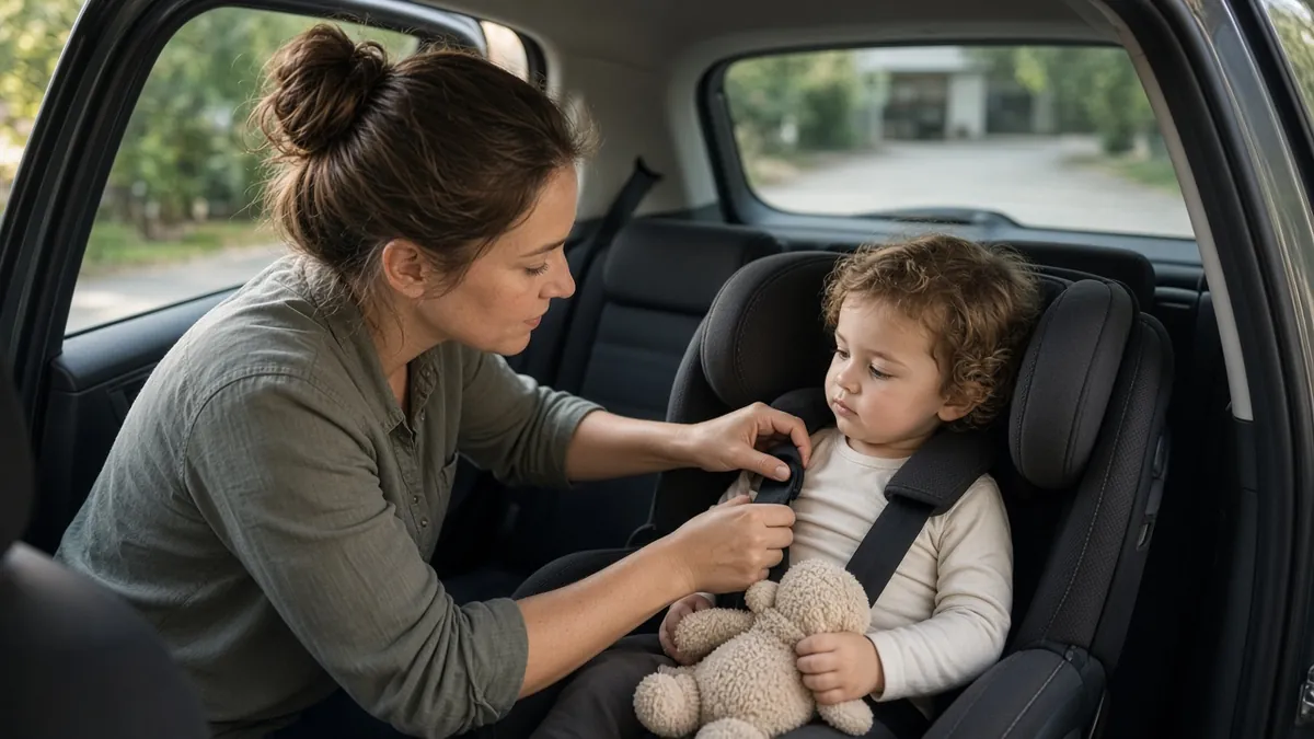Parent tightens a toddler's car seat harness, the safety step that helps prevent a child car seat injury.
